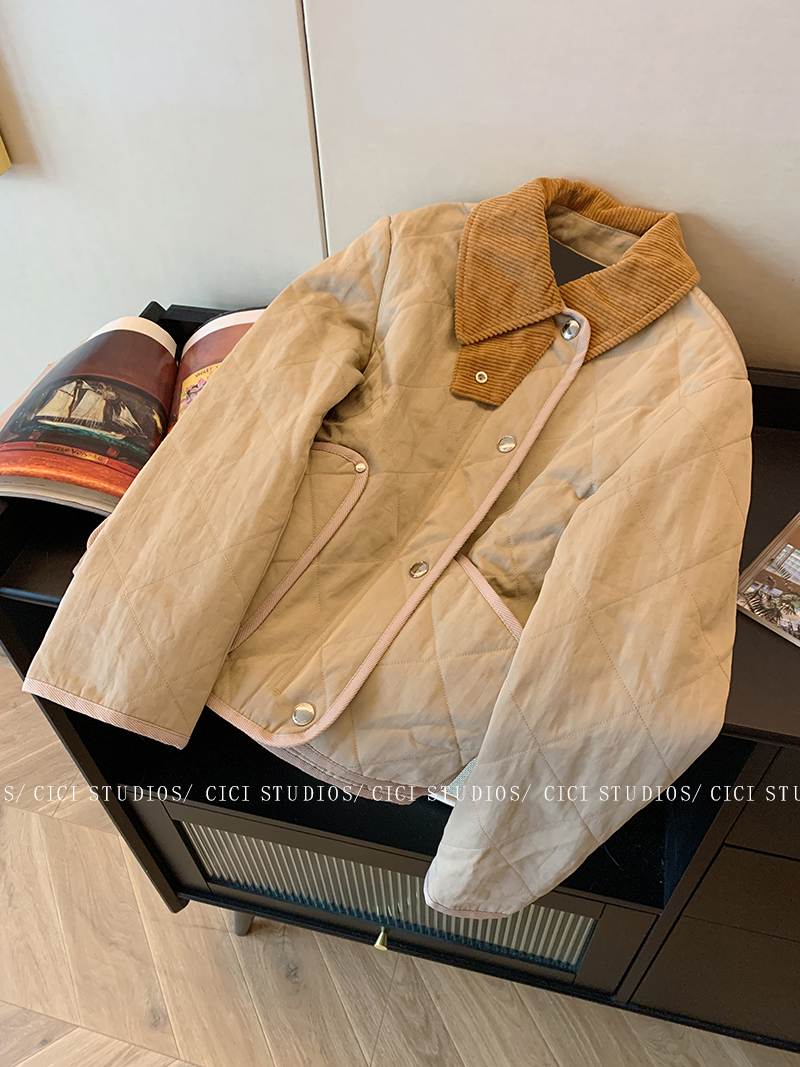 復古燈芯絨翻領菱格棉服女秋冬季2023新款高級感寬鬆保暖夾棉外套