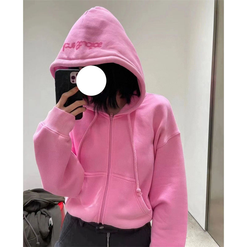 Matte cotton and milk silk shoulder collar, matching color, double layer hooded thin cardigan, short sweatshirt