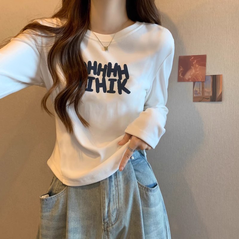 杏色德絨打底衫女秋冬內搭新款修身顯瘦短款正肩長袖T恤上衣