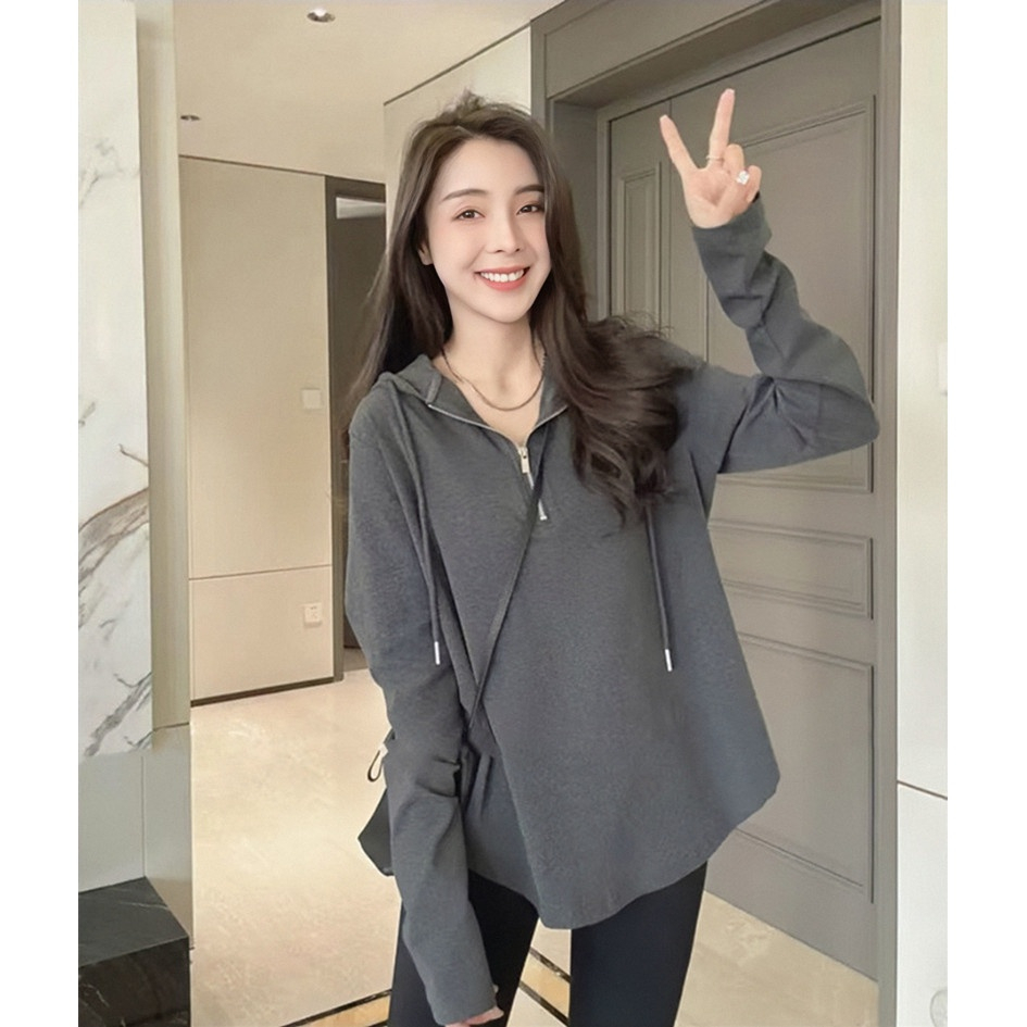連帽通勤風套頭秋冬打底衫女寬鬆 螺紋德絨