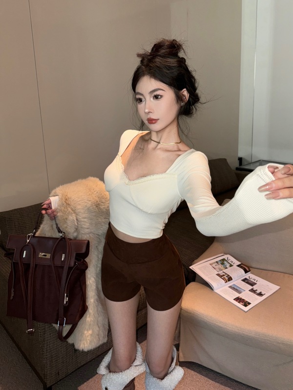 實拍 氣質純欲辣妹長袖拼接蕾絲花邊打底衫高腰顯瘦百搭短褲