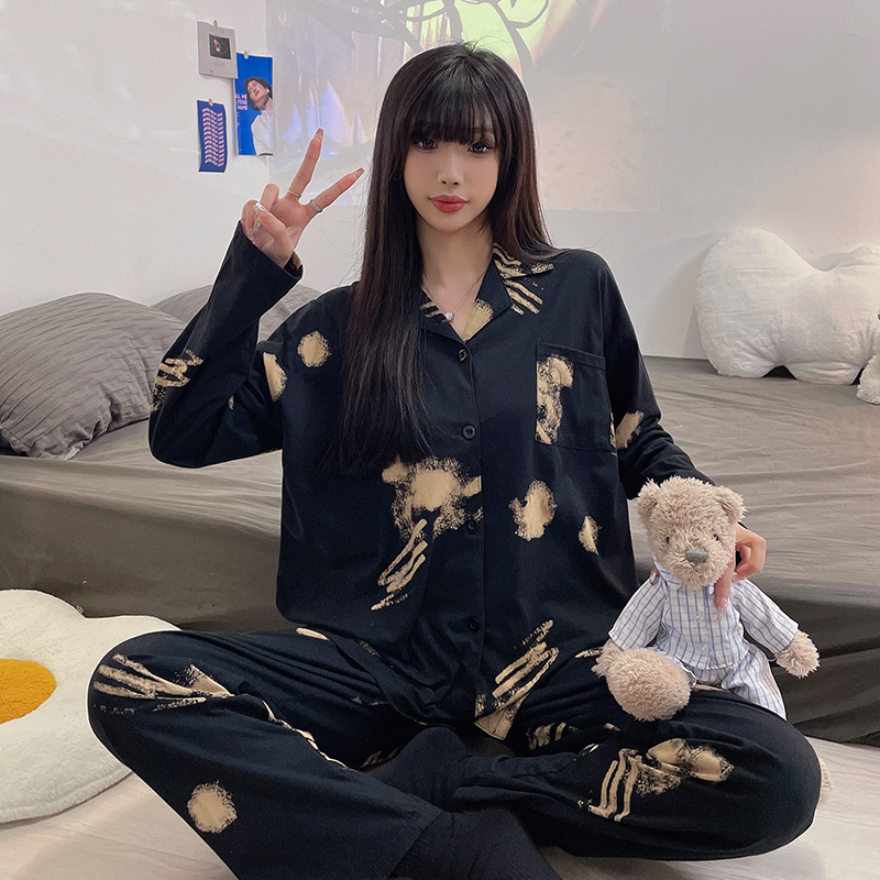 艾尚春秋長袖翻領開衫睡衣女款甜美少女卡通甜美家居服套裝
