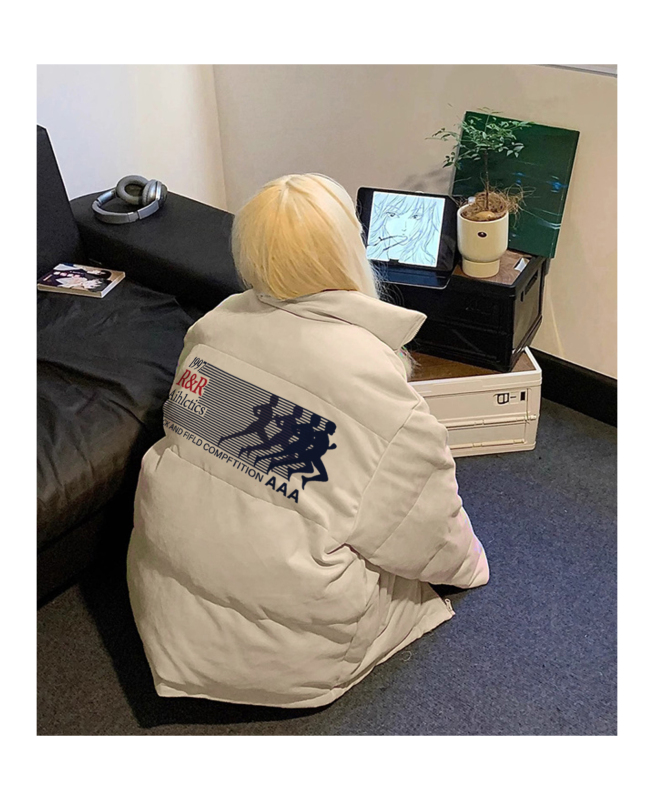 高品質手塞棉加厚冬季新款棉服寬鬆印花棉衣麵包服女