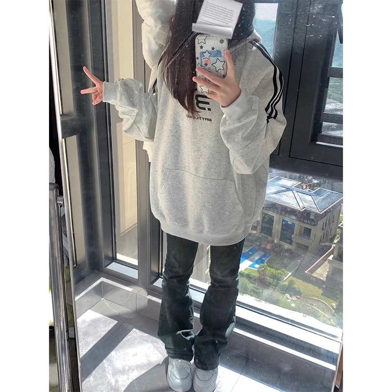 食毛華棉複合牛奶絲300克銀狐絨400克前 印花三條槓連帽衛衣女