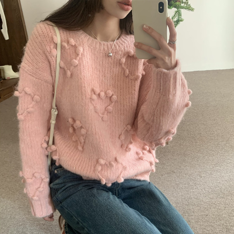 實拍 法式少女~復古慵懶立體愛心球球寬鬆長袖毛衣軟糯針織衫