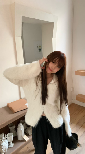 Actual shot of versatile double zipper high-end imitation mink cardigan sweater for women with high collar and long sleeves coat