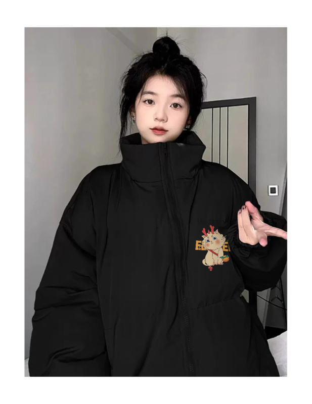 高品質手塞棉加厚冬季新款棉服寬鬆印花棉衣麵包服女