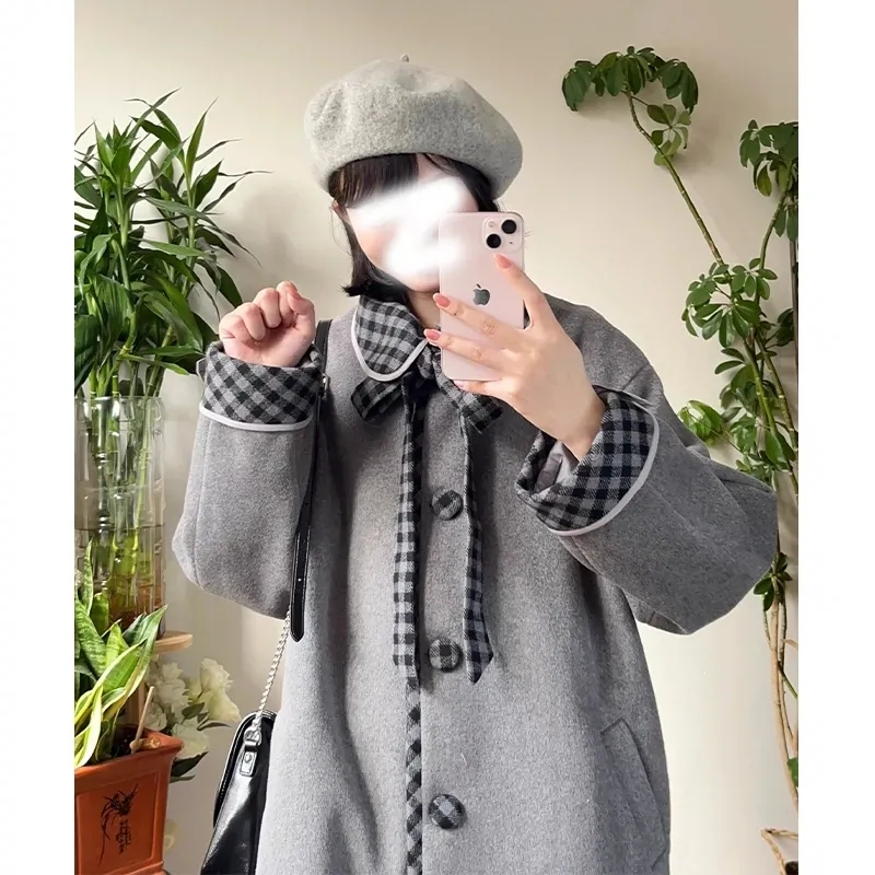 韓版復古系帶格子娃娃領毛呢外套女2023秋冬小個子寬鬆中長款大衣
