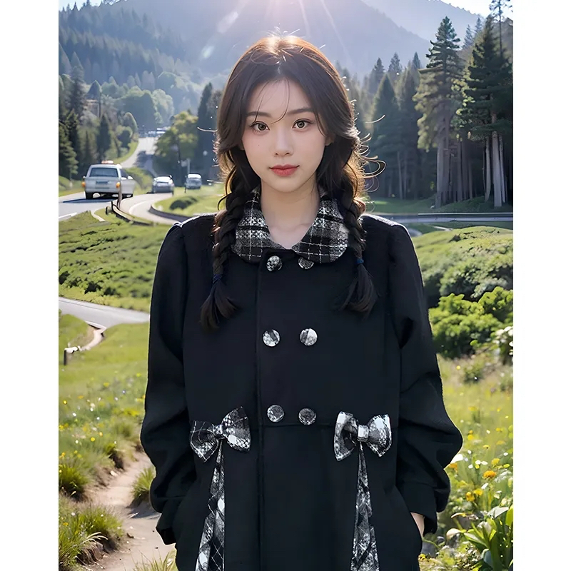 黑色外套娃娃領格紋秋冬季蝴蝶結少女寬鬆2023年過膝長款毛呢大衣