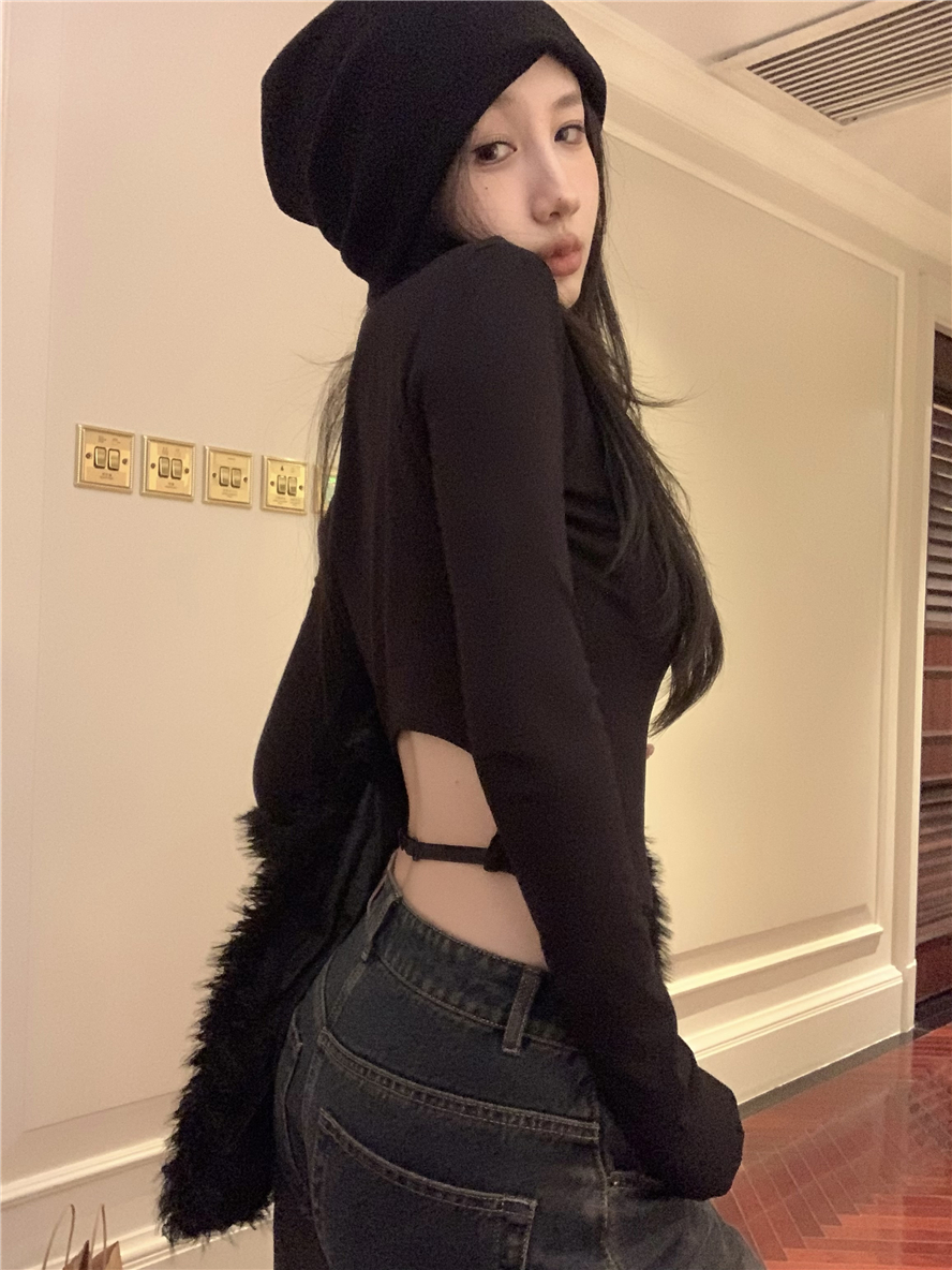 實拍辣妹鏤空內搭打底衫女秋冬加厚加絨上衣修身短款長袖T恤