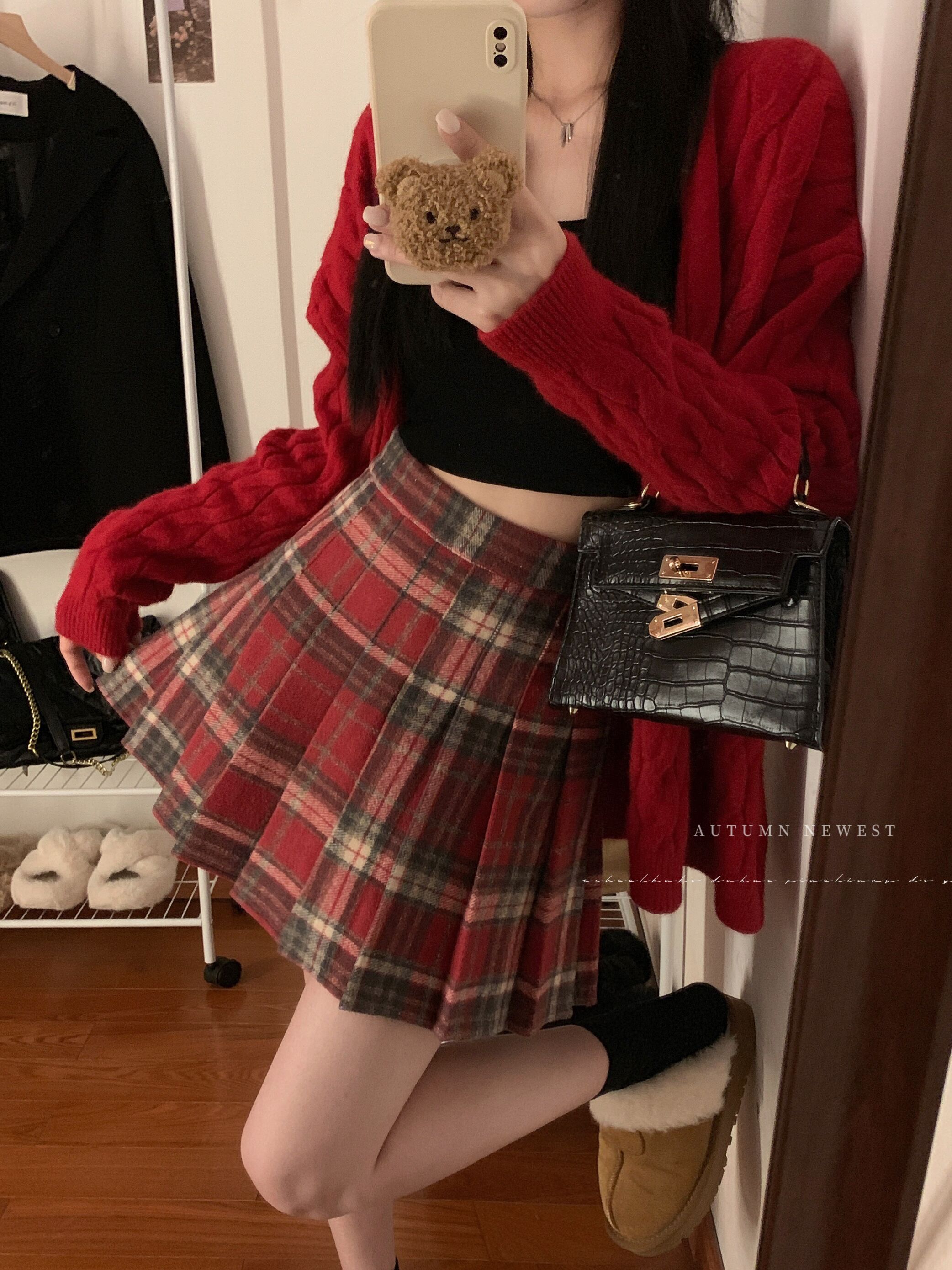 實拍 紅色復古學院風格子半身裙設計感百褶加厚毛呢短裙