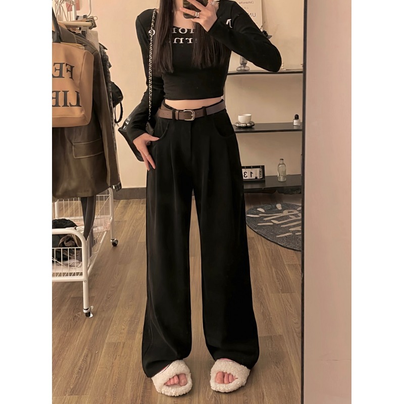時尚復古風休閒褲子女秋季2023新款百搭垂感高腰顯瘦寬鬆闊腿長褲