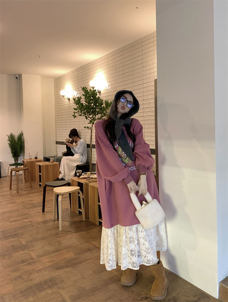 實拍  韓系復古卡通印花拼接蕾絲加絨衛衣連衣裙