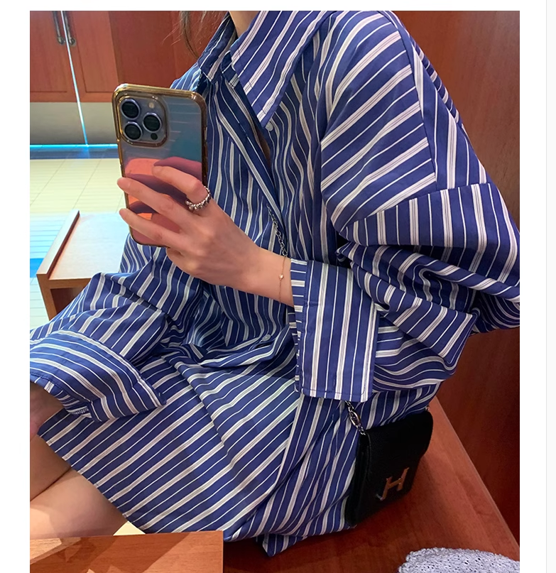 港味洋氣oversize顯瘦寬鬆襯衫女春季百搭長袖條紋襯衣韓版上衣潮