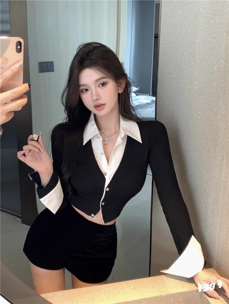 Fake two-piece shirt for women with niche design in early autumn, pure lust, sweet hottie, sexy short top, unique and unique shirt