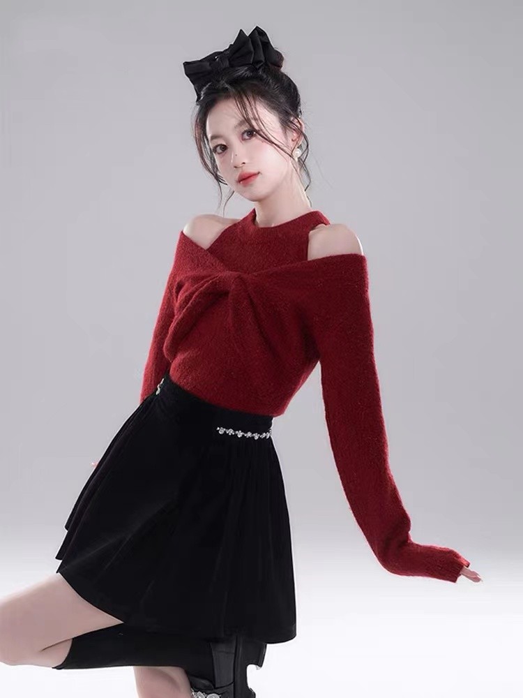 慵懶風紅色露肩毛衣女加厚設計感兩件套上衣秋冬季亮絲套頭針織衫