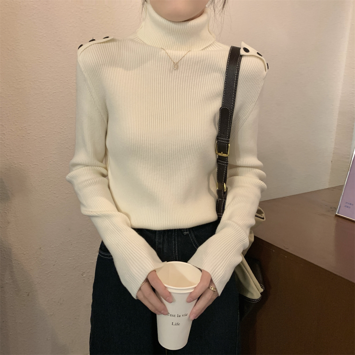 實拍 秋冬韓版高領氣質百搭設計感內搭安迪絨針織打底衫毛衣