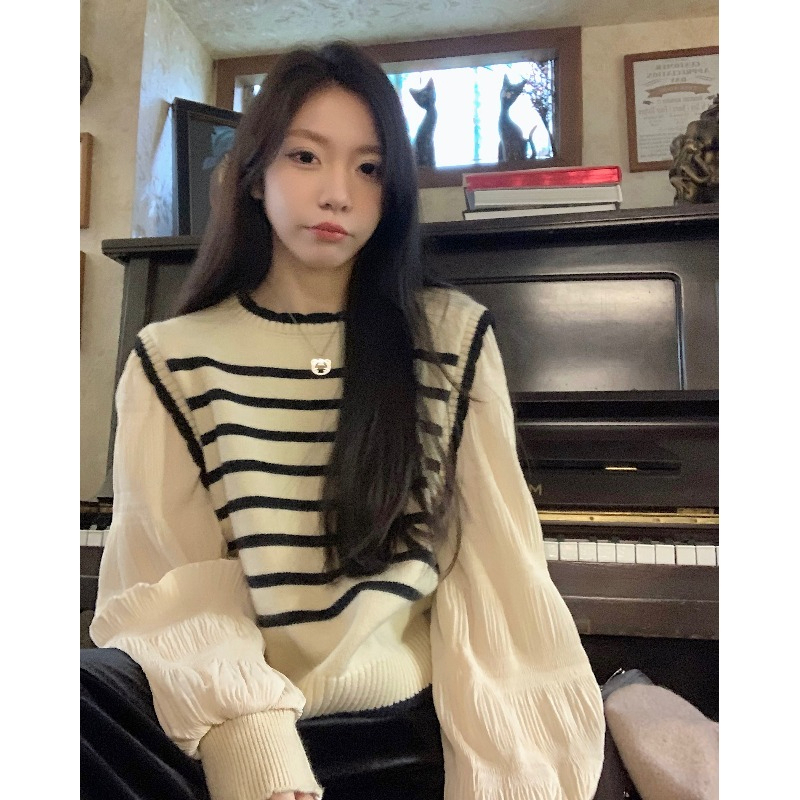 早秋季長袖拼接設計感條紋毛衣內搭女裝2023年新款法式針織衫上衣