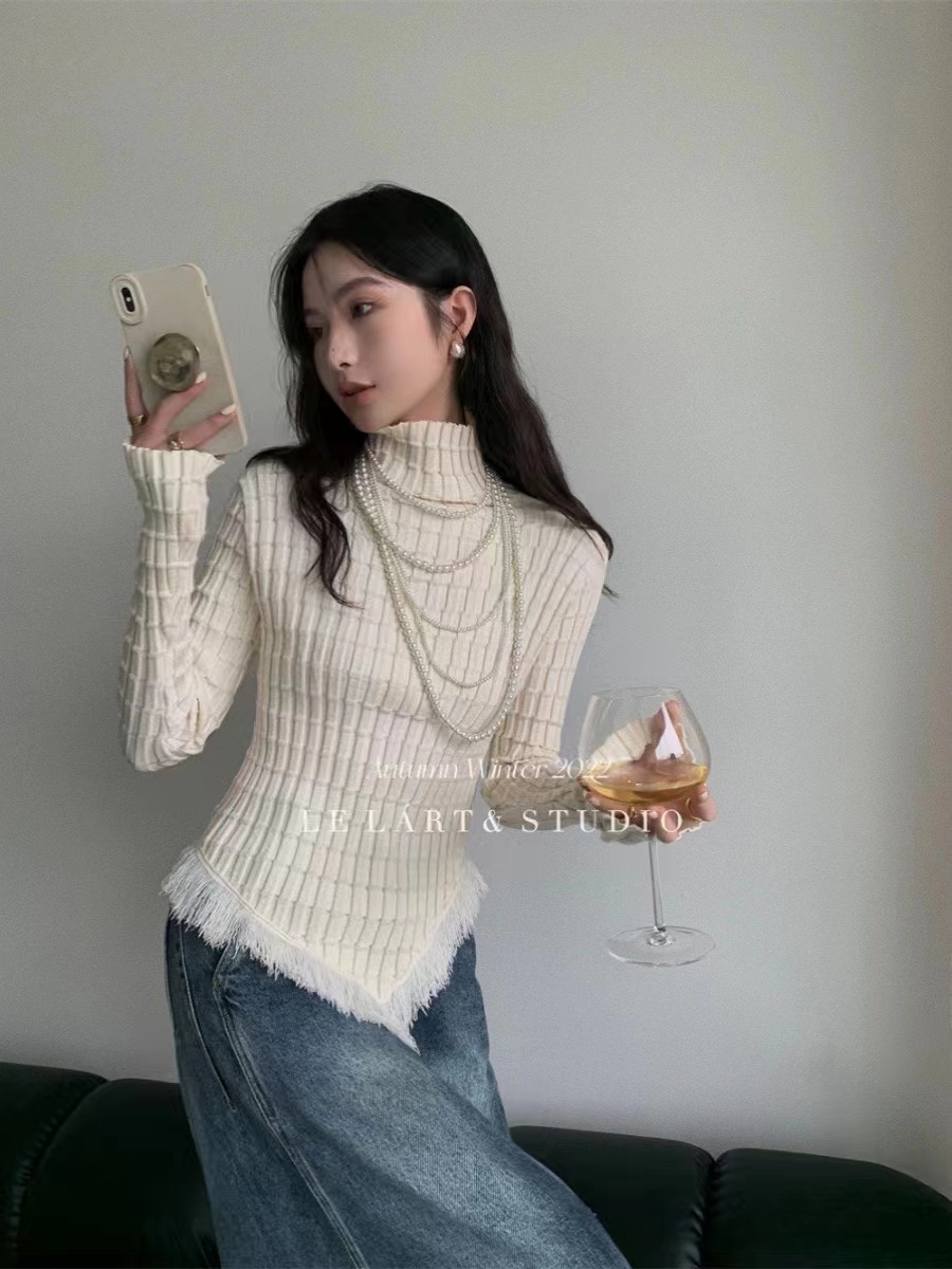 不規則流蘇高領針織衫女秋冬季氣質修身顯瘦長袖毛衣內搭打底上衣