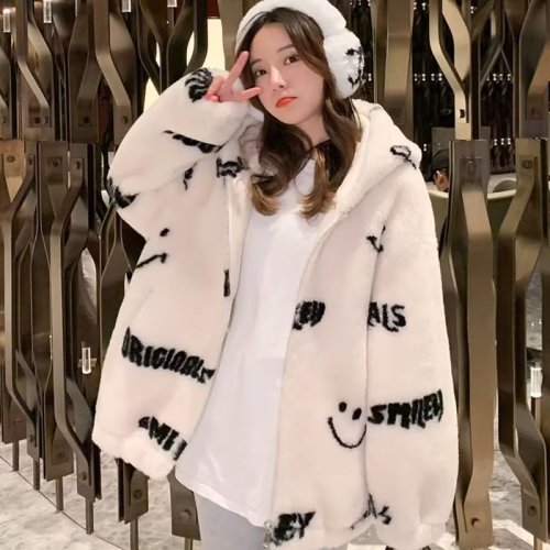 New autumn and winter stand-up collar smiley imitation lamb fur coat for women mid-length rabbit fur loose plush coat