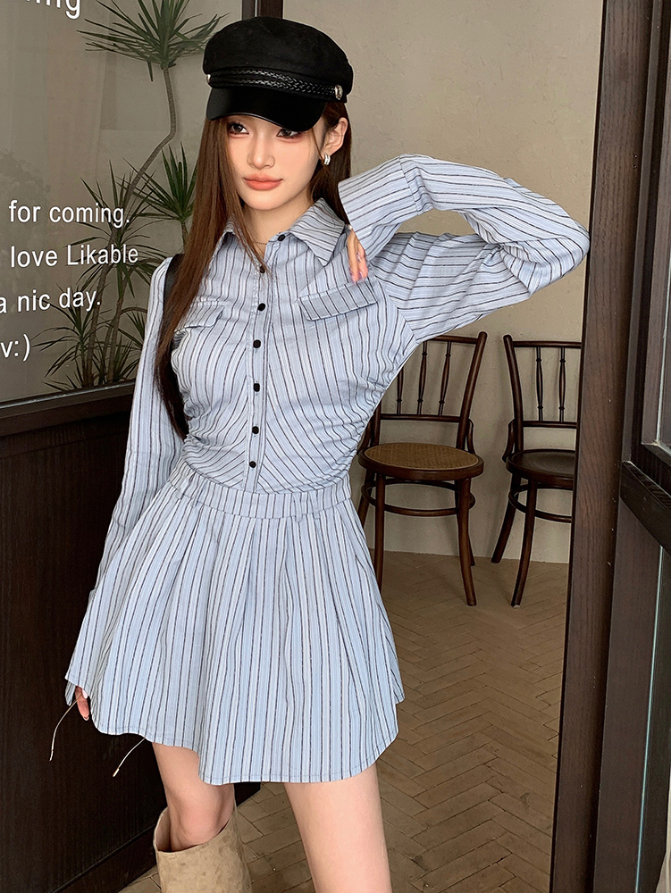 Actual shot of 2024 spring new striped shirt dress women's long-sleeved waist style hot girl short skirt