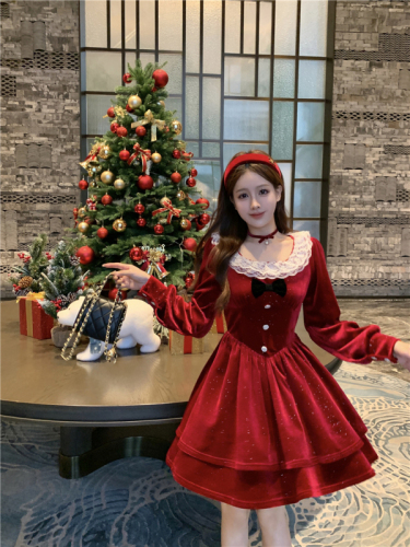 实拍在逃公主细闪红色圣诞新年蕾丝丝绒公主战裙