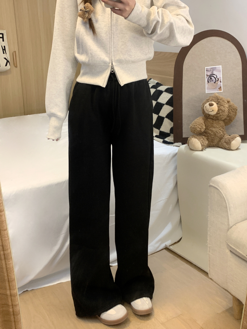 實拍 加絨加厚高腰顯瘦休閒女抽繩寬鬆直筒垂感闊腿寬鬆長褲