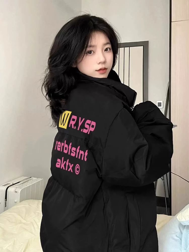 手塞棉棉服冬季新款寬鬆加厚棉衣麵包服印花外套女
