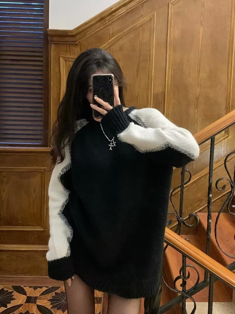 下半身失蹤毛衣女撞色春秋慵懶風中長款寬鬆外套復古針織冪式穿搭