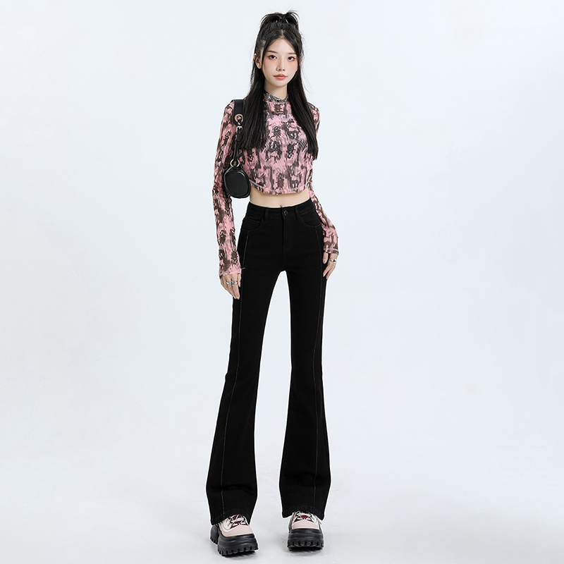 實拍~新款牛仔褲女2024新款彈力修身微喇叭秋款復古高腰顯瘦長褲