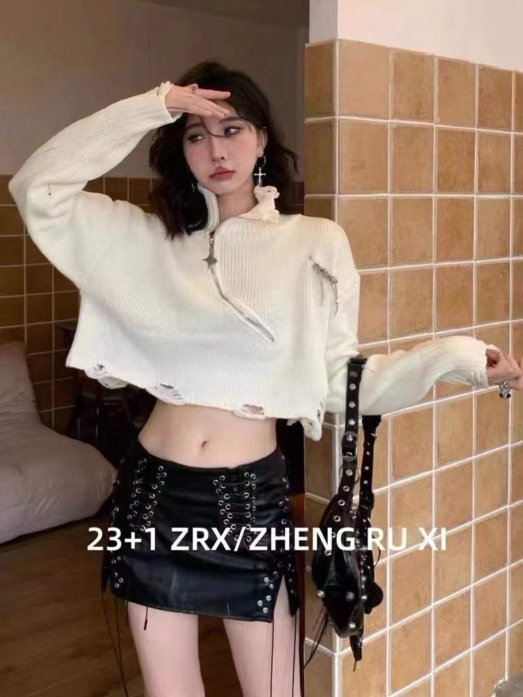 個性街頭風別致立領不規則星星拉鏈設計破洞寬鬆短款針織毛衣女