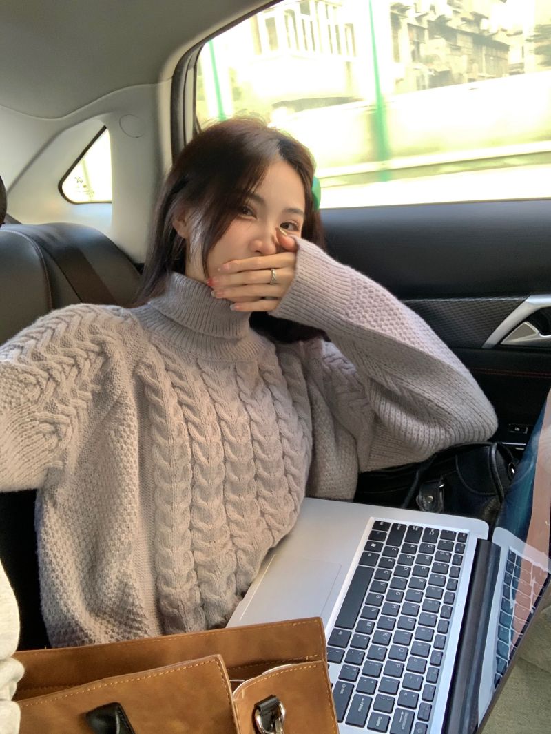 實拍三標齊高領麻花純色保暖加厚毛衣女