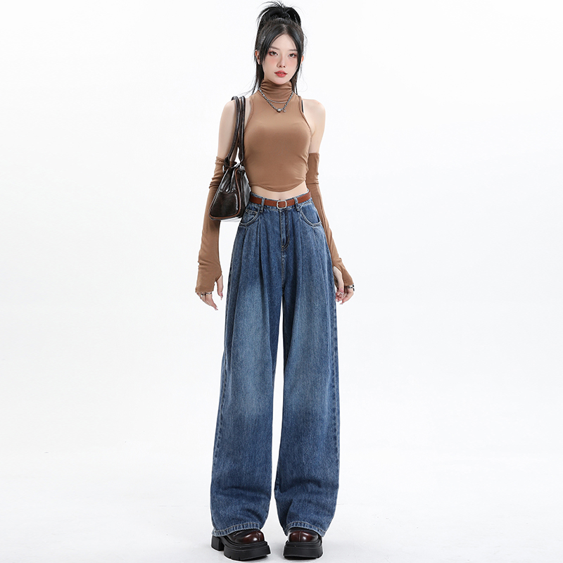實拍~2024春裝新款闊腿褲牛仔褲女設計感直筒拖地褲 送腰帶