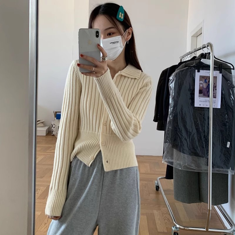 翻領polo坑條針織開衫秋冬新款短款設計感修身長袖毛衣外套女