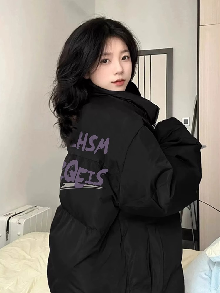 高品質手塞棉加厚冬季新款棉服寬鬆印花棉衣麵包服女