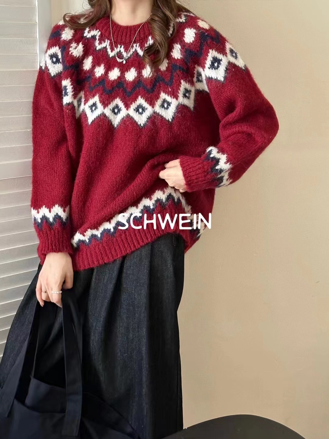 韓國東大門提花菱形毛衣復古慵懶寬鬆加厚軟糯新年聖誕圓領針織衫