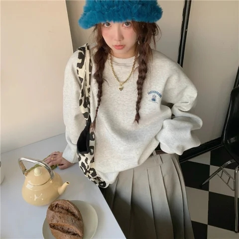加絨加厚衛衣女小熊印花秋冬韓版新款寬鬆中長款無帽長袖上衣