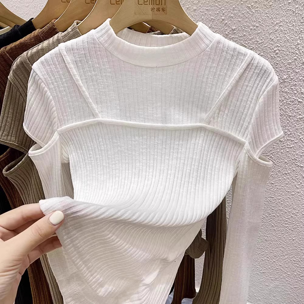 Designed hollow long-sleeved half-turtle collar sweater for women 2023 early autumn new niche slim fit top