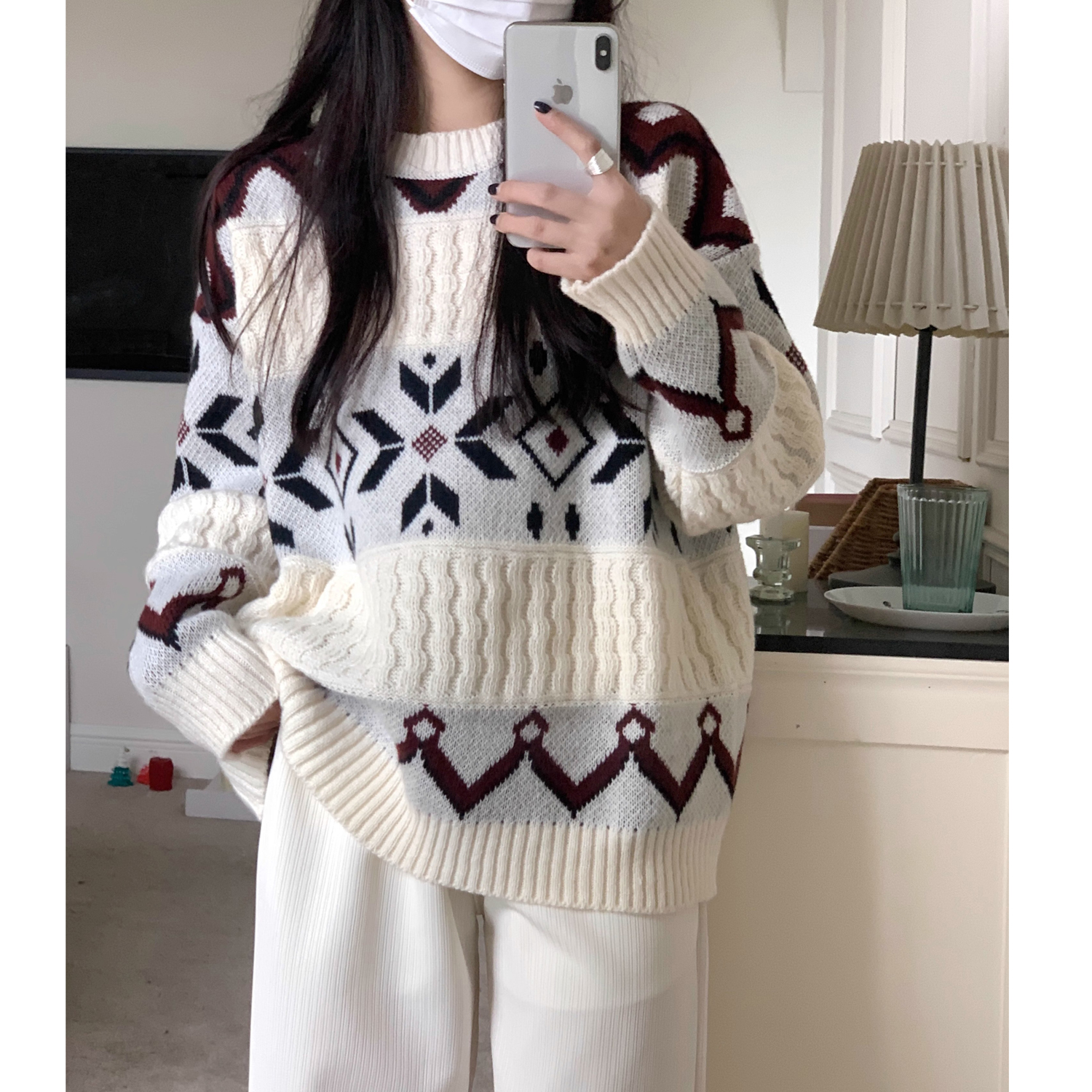 學院風女孩子白色軟糯溫柔大個子加厚上衣費爾島設計感小眾毛衣女
