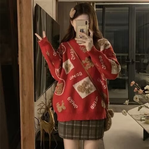套頭紅色聖誕慵懶毛衣女秋冬2024新款軟糯針織衫高級感超好看上衣