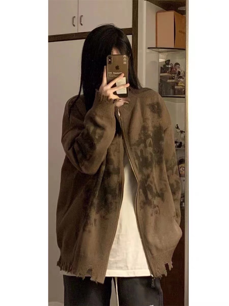 美式復古扎染設計感小眾毛衣外套女秋季慵懶長袖拉鏈針織開衫上衣
