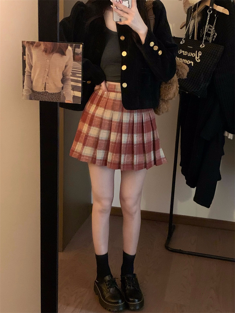 Real shot plaid woolen skirt autumn and winter retro plaid high waist hip skirt A-line skirt pleated skirt for women