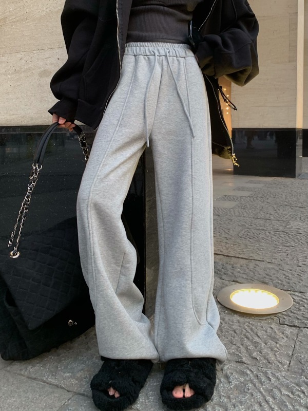 實拍 加絨加厚口袋衛褲冬季系帶高腰運動直筒休閒闊腿褲子女