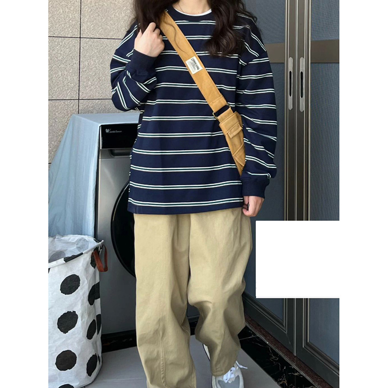 魚鱗薄款 時尚超火新款條紋長袖薄款衛衣女寬鬆休閒百搭上衣潮