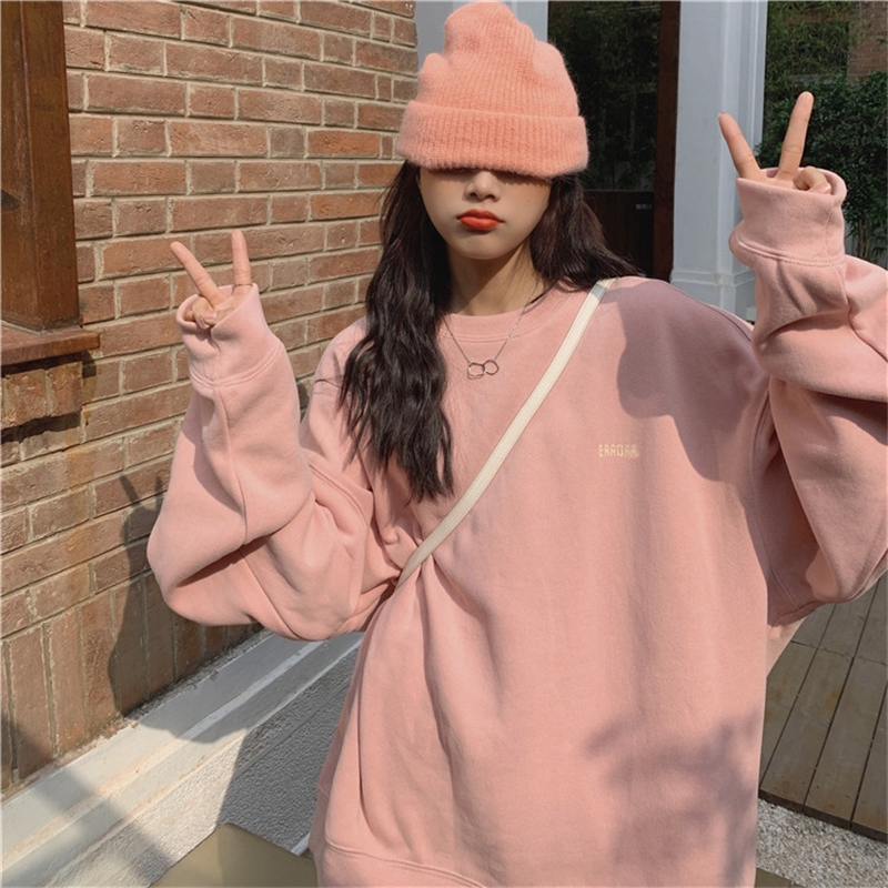 圓領衛衣女春秋薄款寬鬆韓版新款中長款不帶帽慵懶風簡約外套
