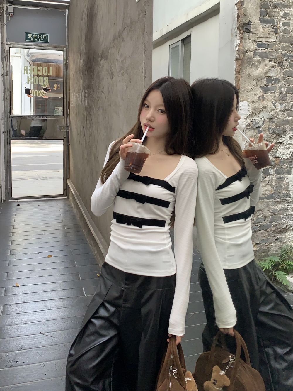 實拍三標齊修身甜美風蝴蝶結拼接打底衫上衣
