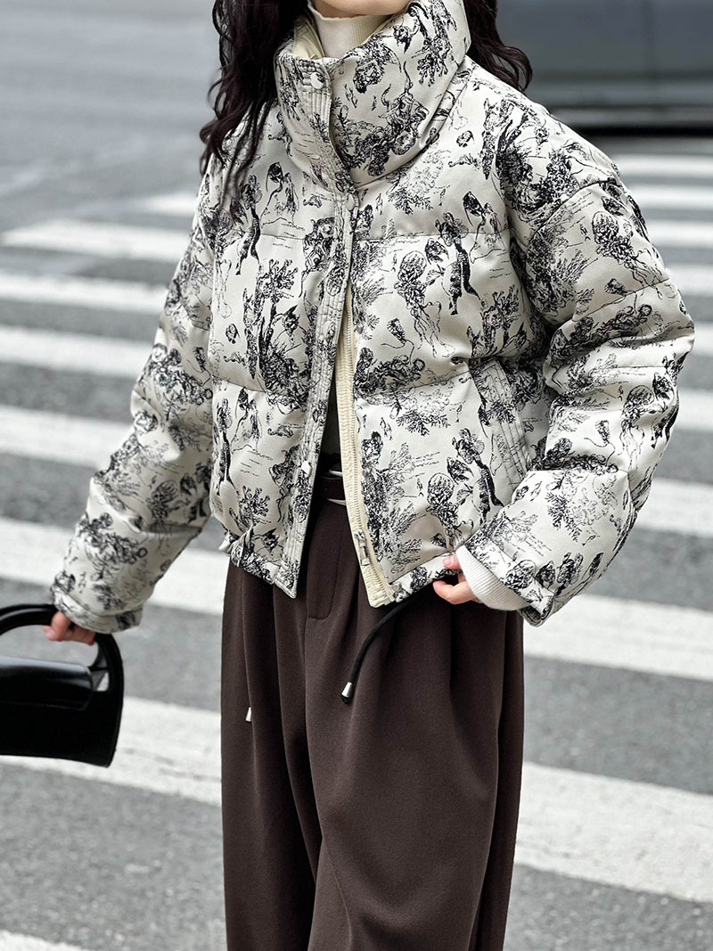 實拍~提花羽絨服橘芷2023新款女韓系復古水墨畫短款羽絨外套
