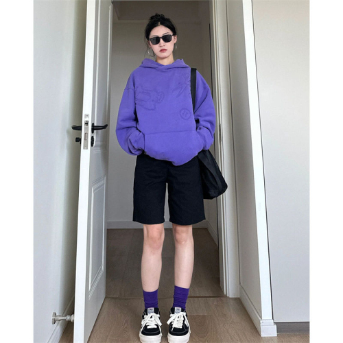 Chinese cotton thin/velvet shoulder collar embroidered autumn and winter purple hooded sweatshirt