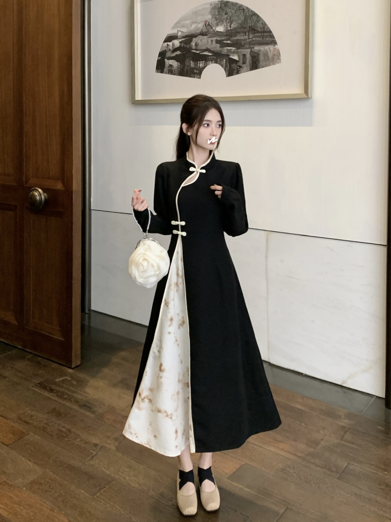 大碼女裝新中式復古改良旗袍女秋冬暗紋提花長袖連衣裙