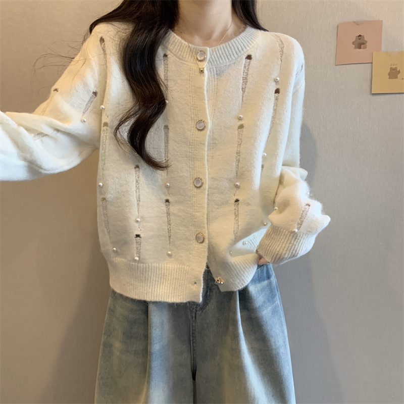 實拍 新款小香風重工釘珠毛衣女秋別致高級感長袖針織開衫